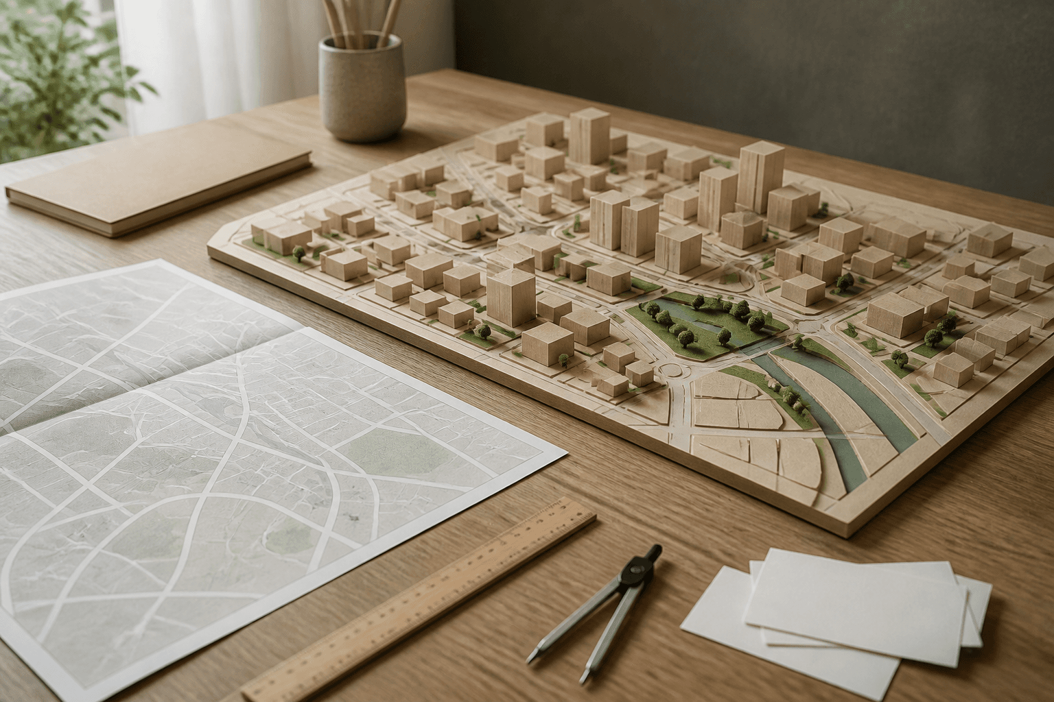 Maps, planning models, and drafting tools arranged in muted sand, olive, and charcoal tones