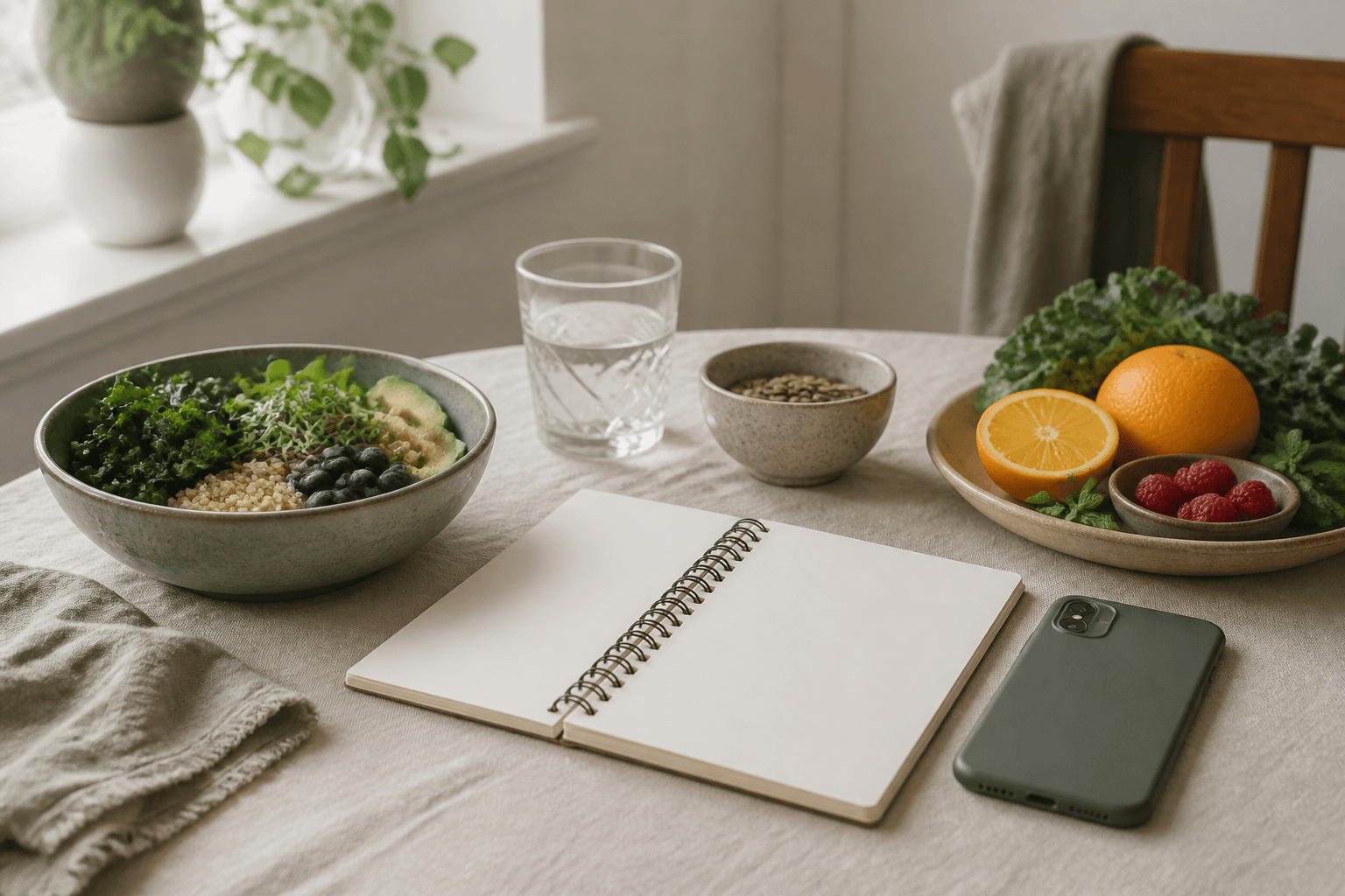 Fresh vegetables, a ceramic bowl, and calm nutrition planning tools in muted sage and oatmeal tones